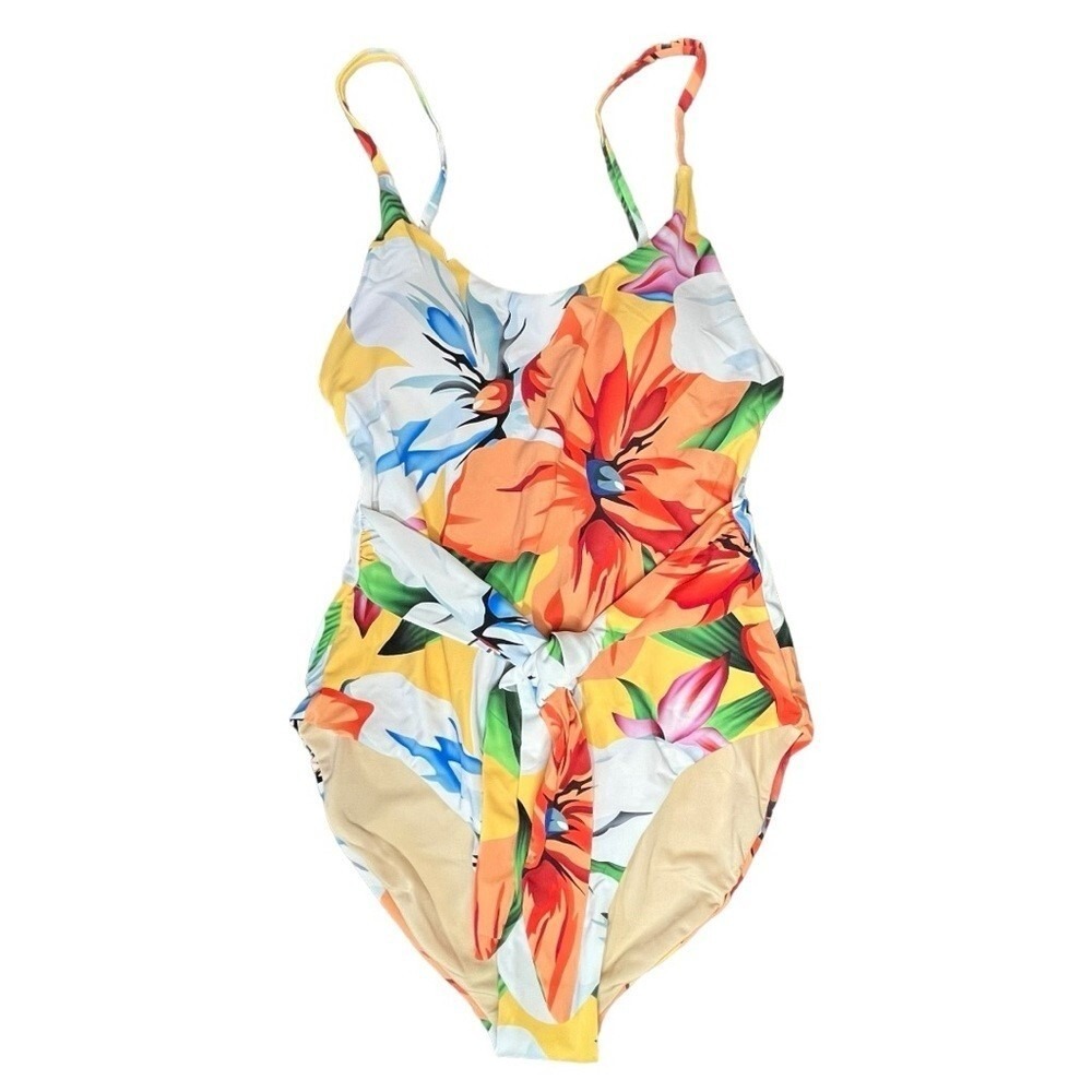 Palms Away Floral‎ One Piece Swimsuit Womens XS Yellow Tropical Tie Front NEW - Picture 2 of 10